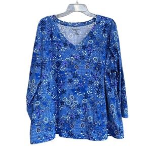 Woman Within Blue Paisley Floral V-Neck 3/4 Sleeve Tunic Top Tee 2X Cozy